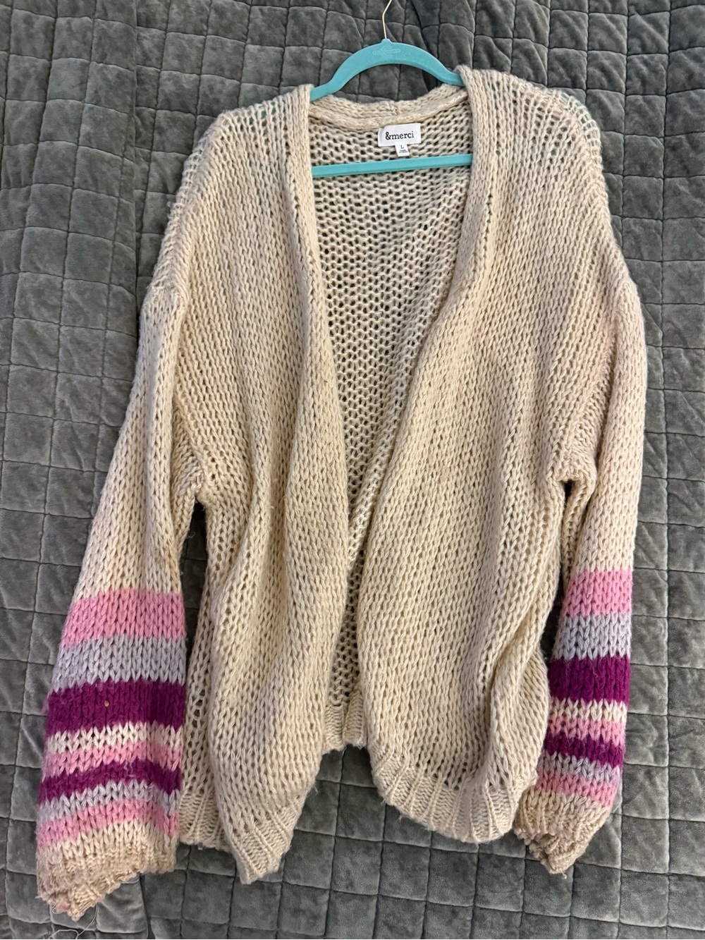Chunky Cream Cardigan with Pink & Purple Stripe Sleeves